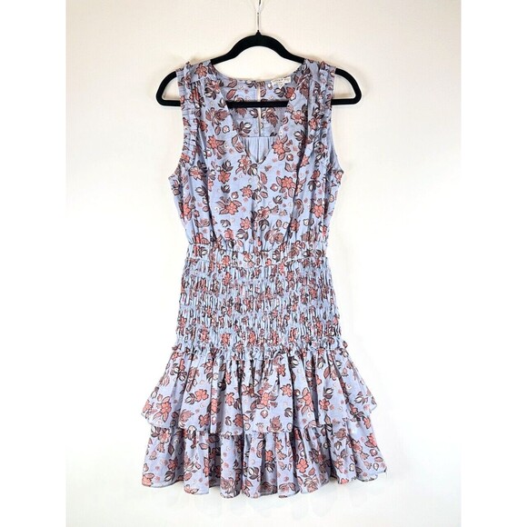 Current Air Dress Blue Smocked Waist Floral Mini V Neck Trumpet Boho Size Small - Picture 2 of 11